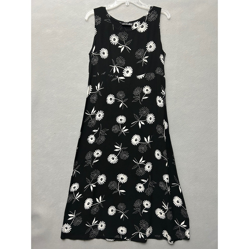 SharAde of California Women M/L Maxi Dress Black White Floral 90s Vintage Y2K